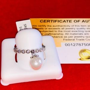 14k White Gold Vermeil Dangle Pearl ring, Natural pearl Charm Ring, Pearl Dangle